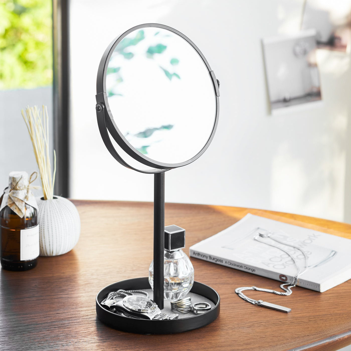 360-Degree Swivel Vanity Mirror with Integrated Accessory Storage Tray