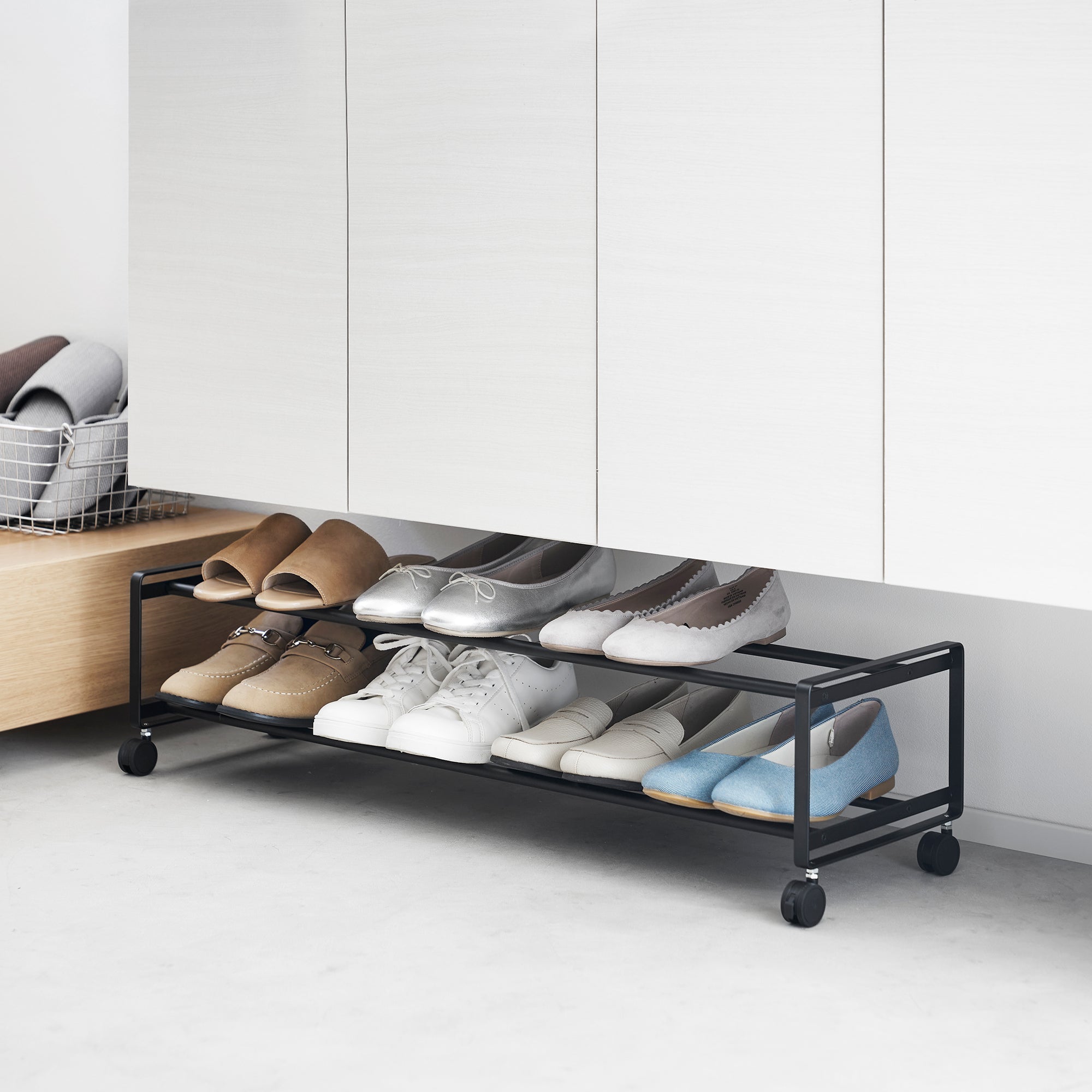 Rolling Two-Tier Shoe Storage Rack with Locking Casters