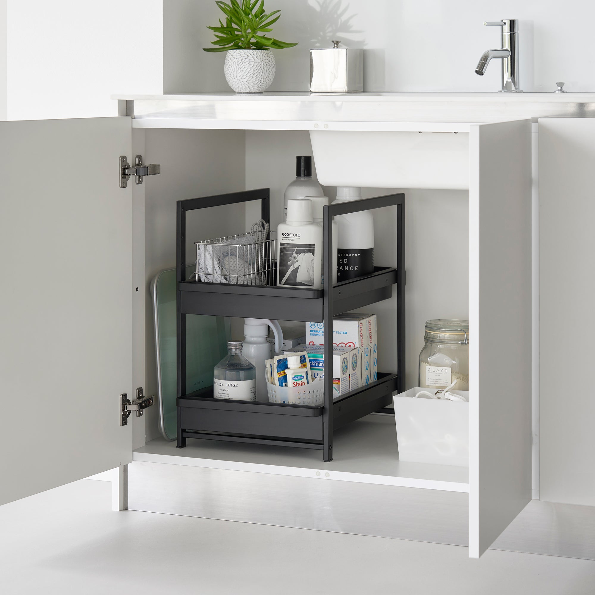 Adjustable Pull-Out Under-Sink Storage Basket with Two Sliding Tiers