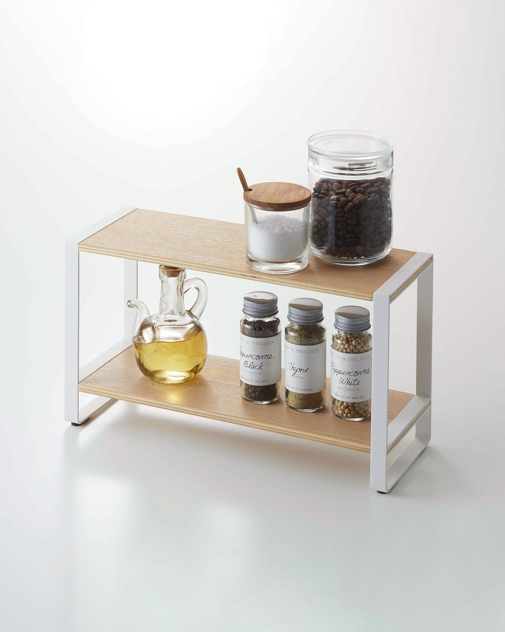 Two-Tier Countertop Storage Riser with Steel Frame and Wood Shelf