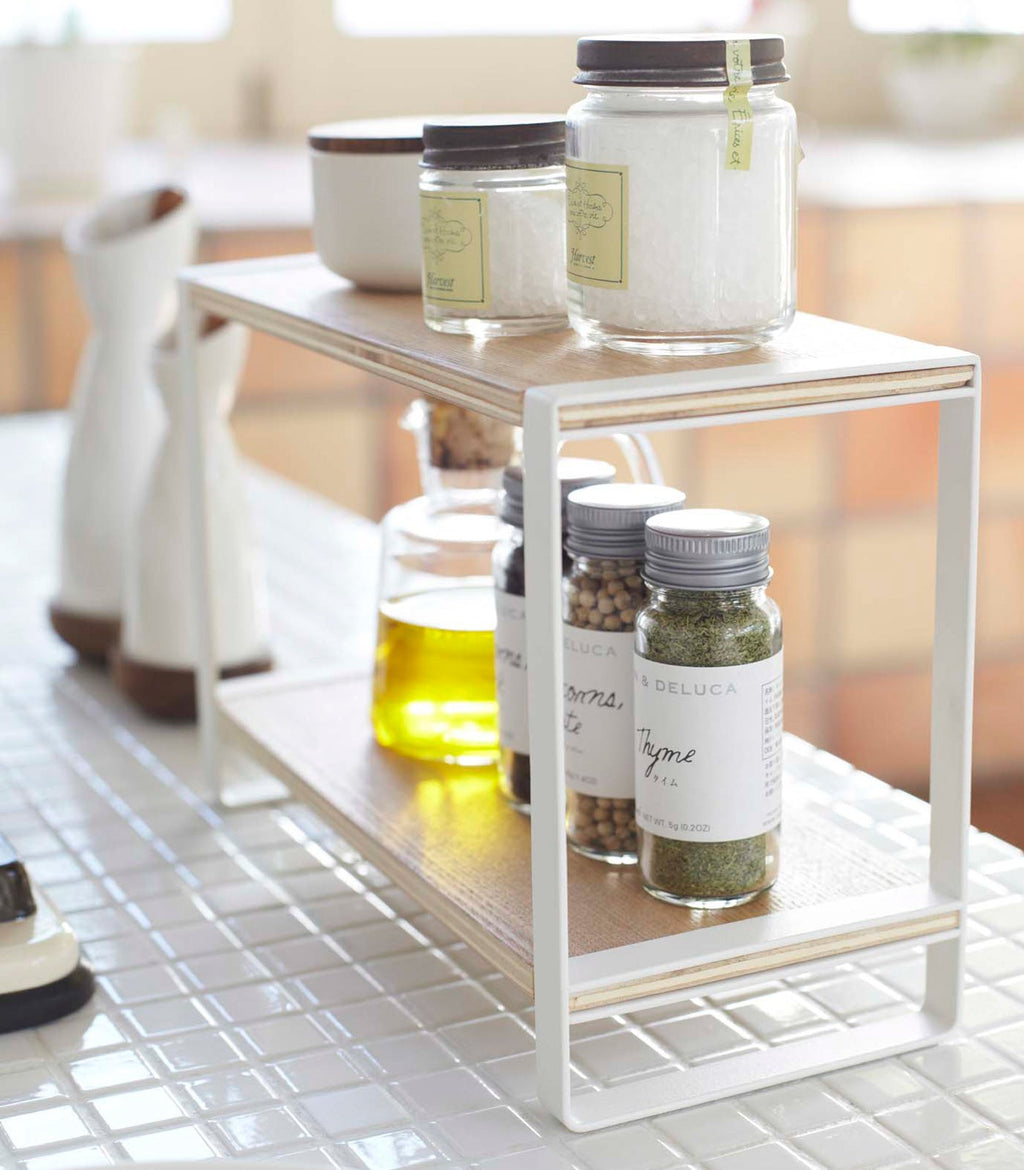 Two-Tier Countertop Storage Riser with Steel Frame and Wood Shelf