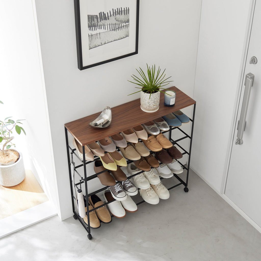 Rolling Five-Tier Shoe Rack (34.25" H)  - Steel + Wood