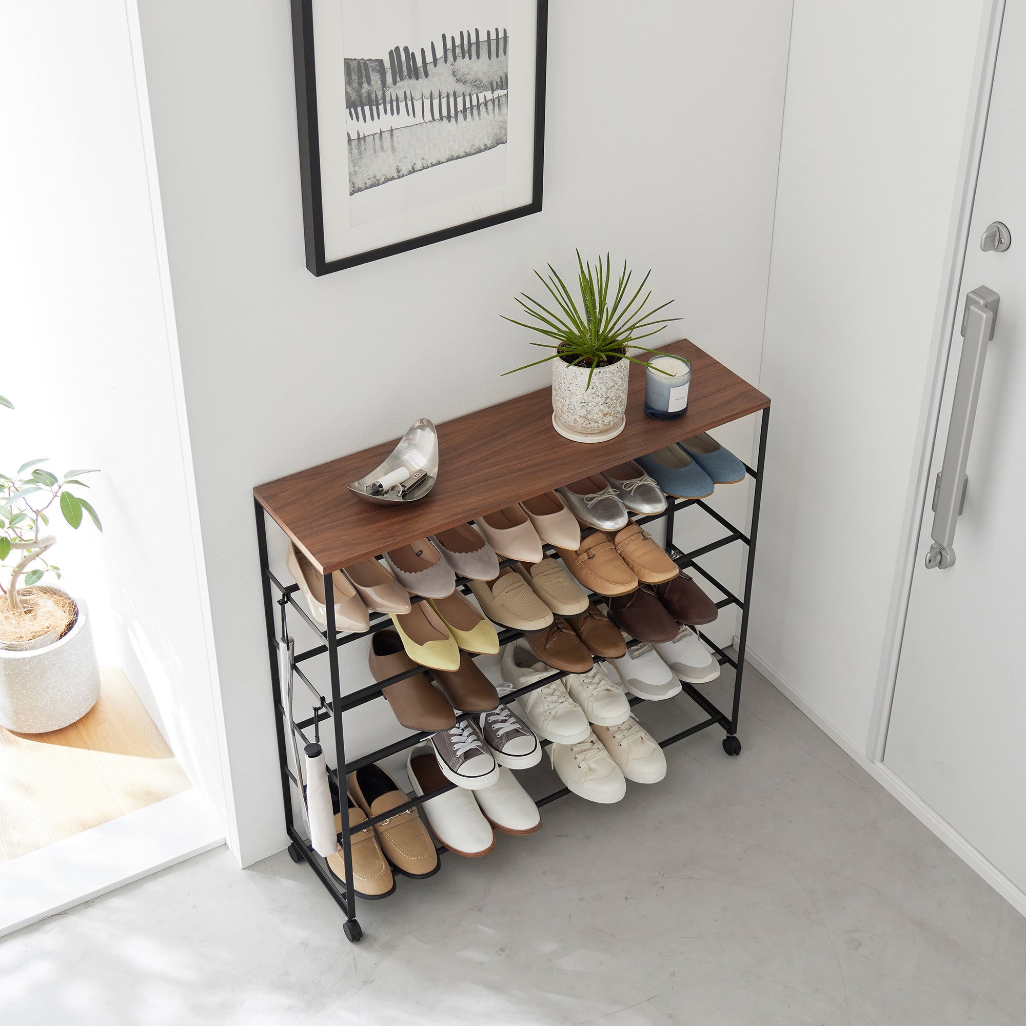 Rolling Five-Tier Shoe Rack (34.25" H)  - Steel + Wood
