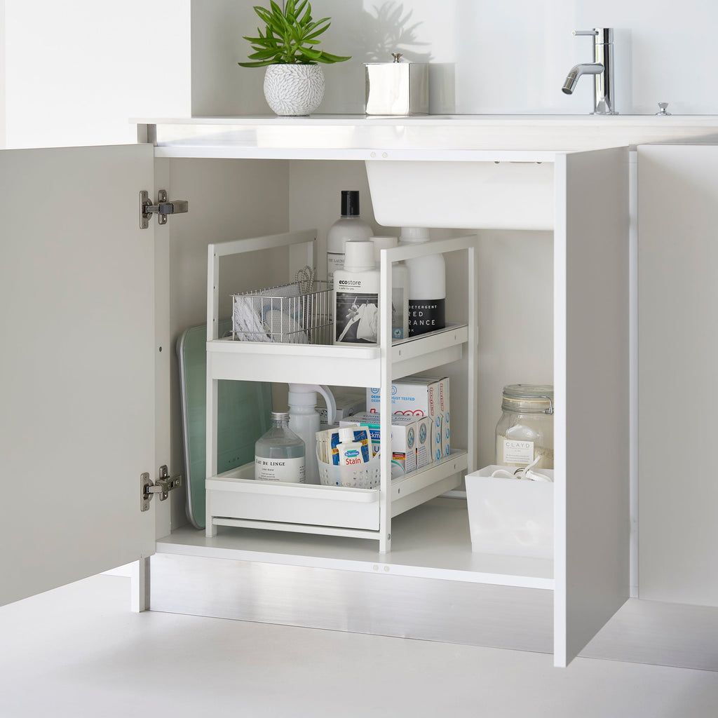 Adjustable Pull-Out Under-Sink Storage Basket with Two Sliding Tiers