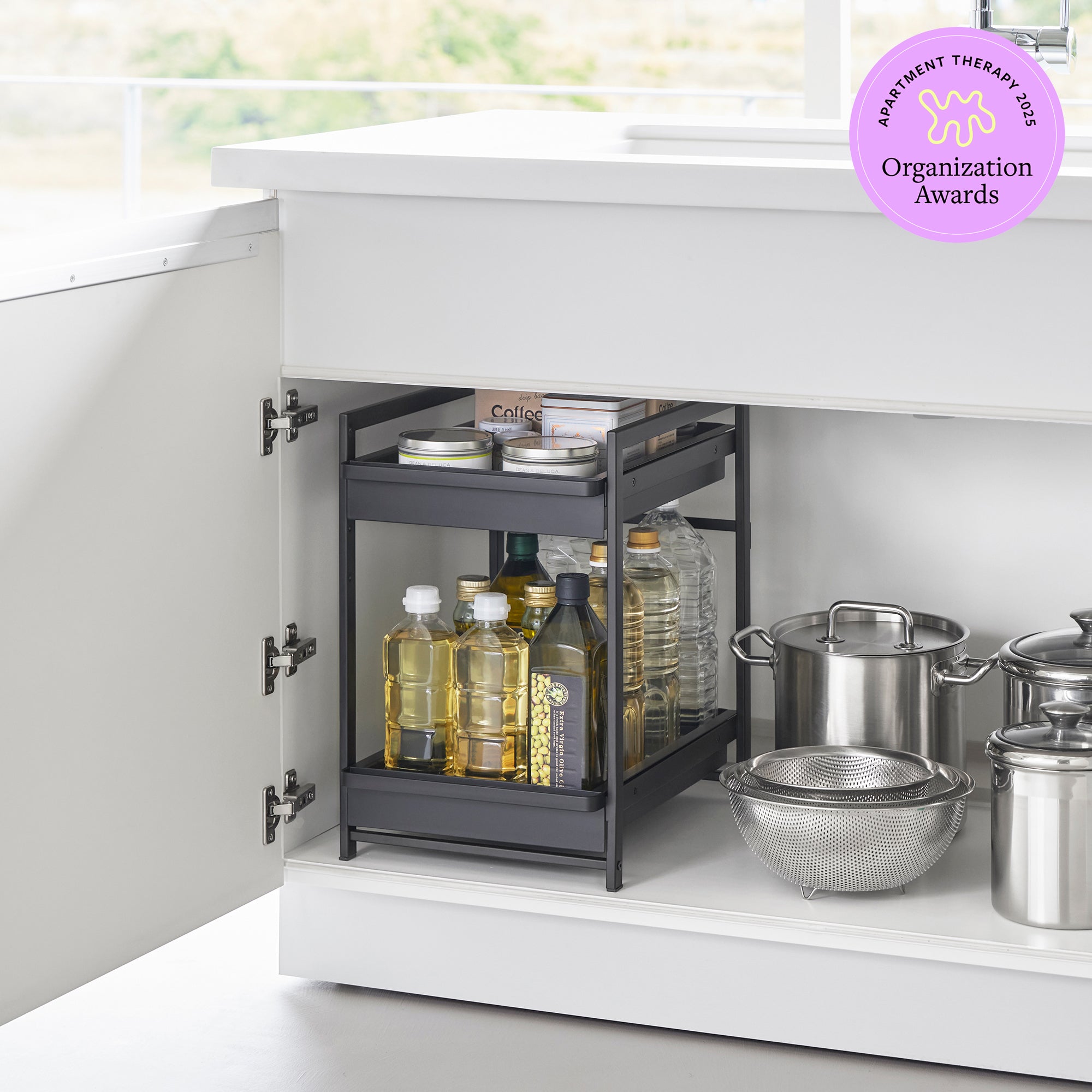 Adjustable Pull-Out Under-Sink Storage Basket with Two Sliding Tiers