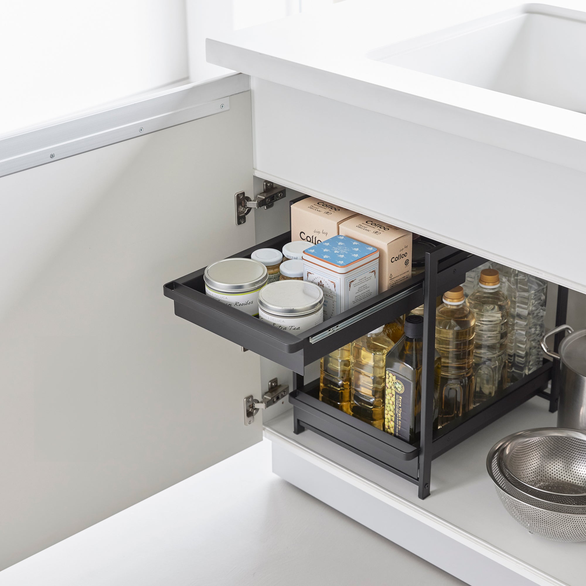 Adjustable Pull-Out Under-Sink Storage Basket with Two Sliding Tiers