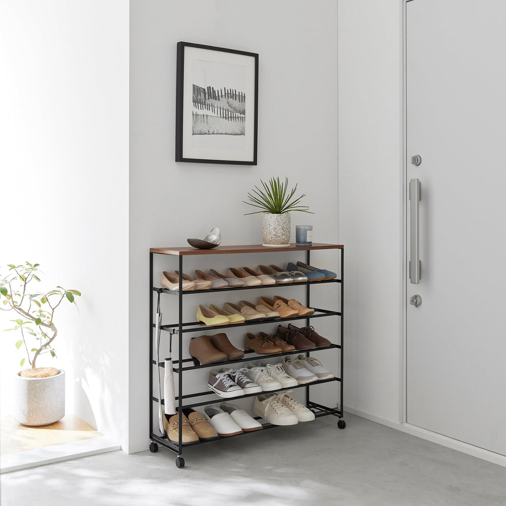 Rolling Five-Tier Shoe Rack (34.25" H)  - Steel + Wood