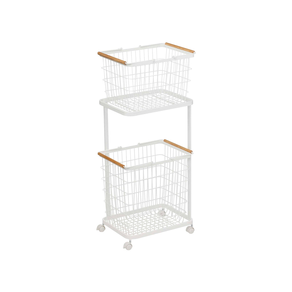 Rolling Laundry Cart + Wire Baskets (38" H)  - Steel + Wood