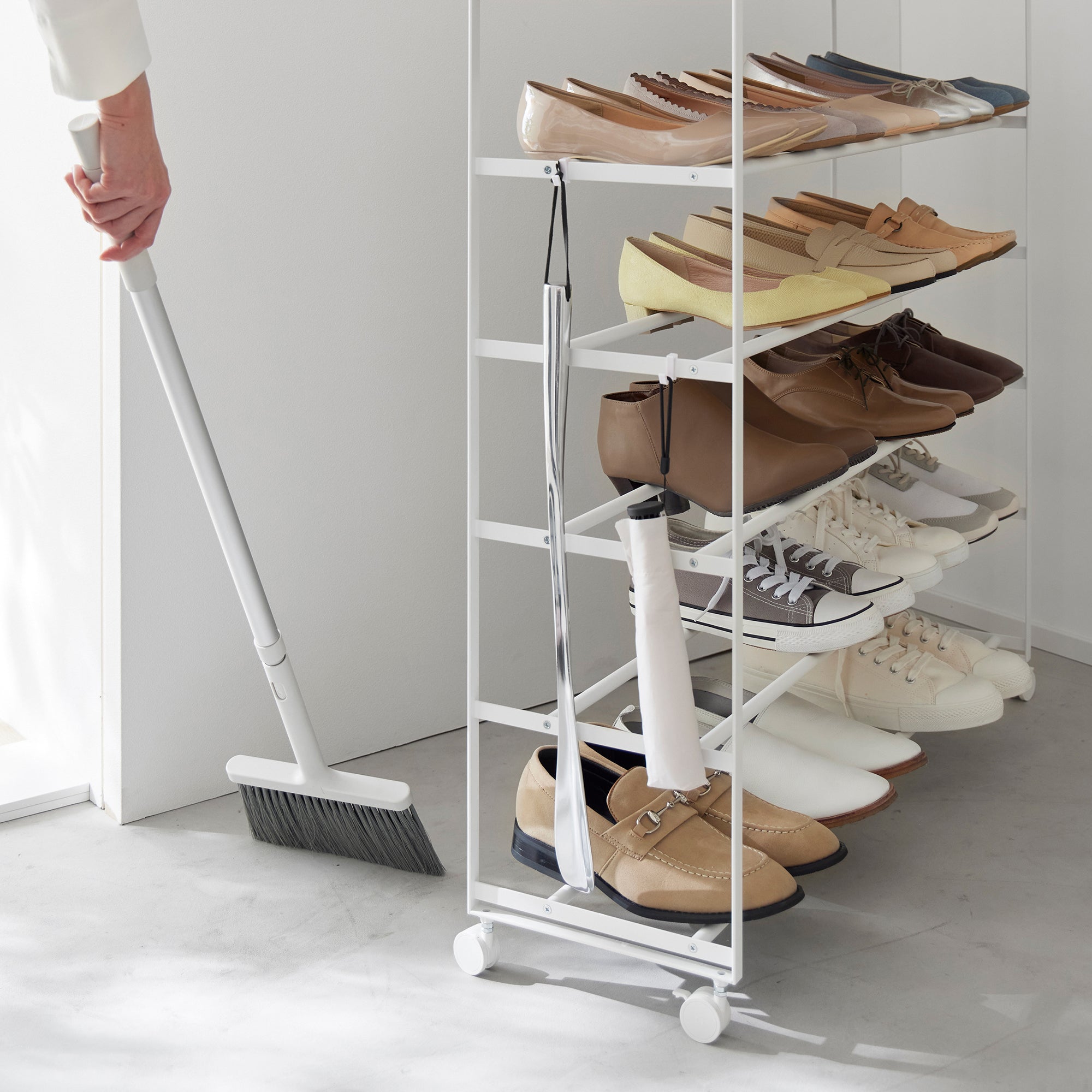 Rolling Five-Tier Shoe Rack (34.25" H)  - Steel + Wood
