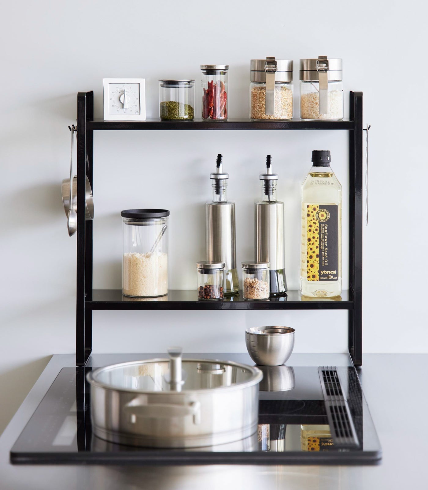Slim Countertop Kitchen Organizer with Hooks & Shelf