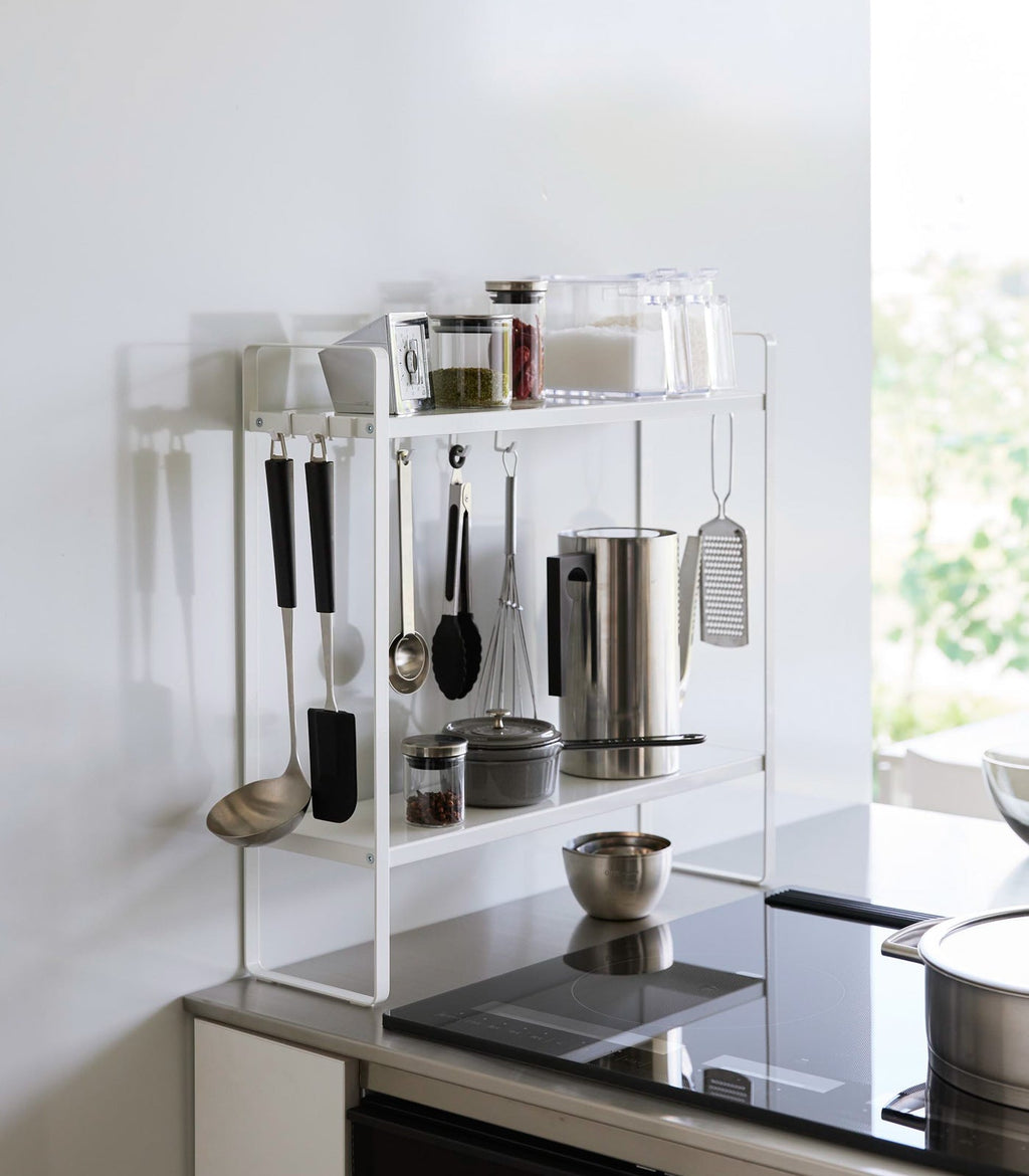 Slim Countertop Kitchen Organizer with Hooks & Shelf