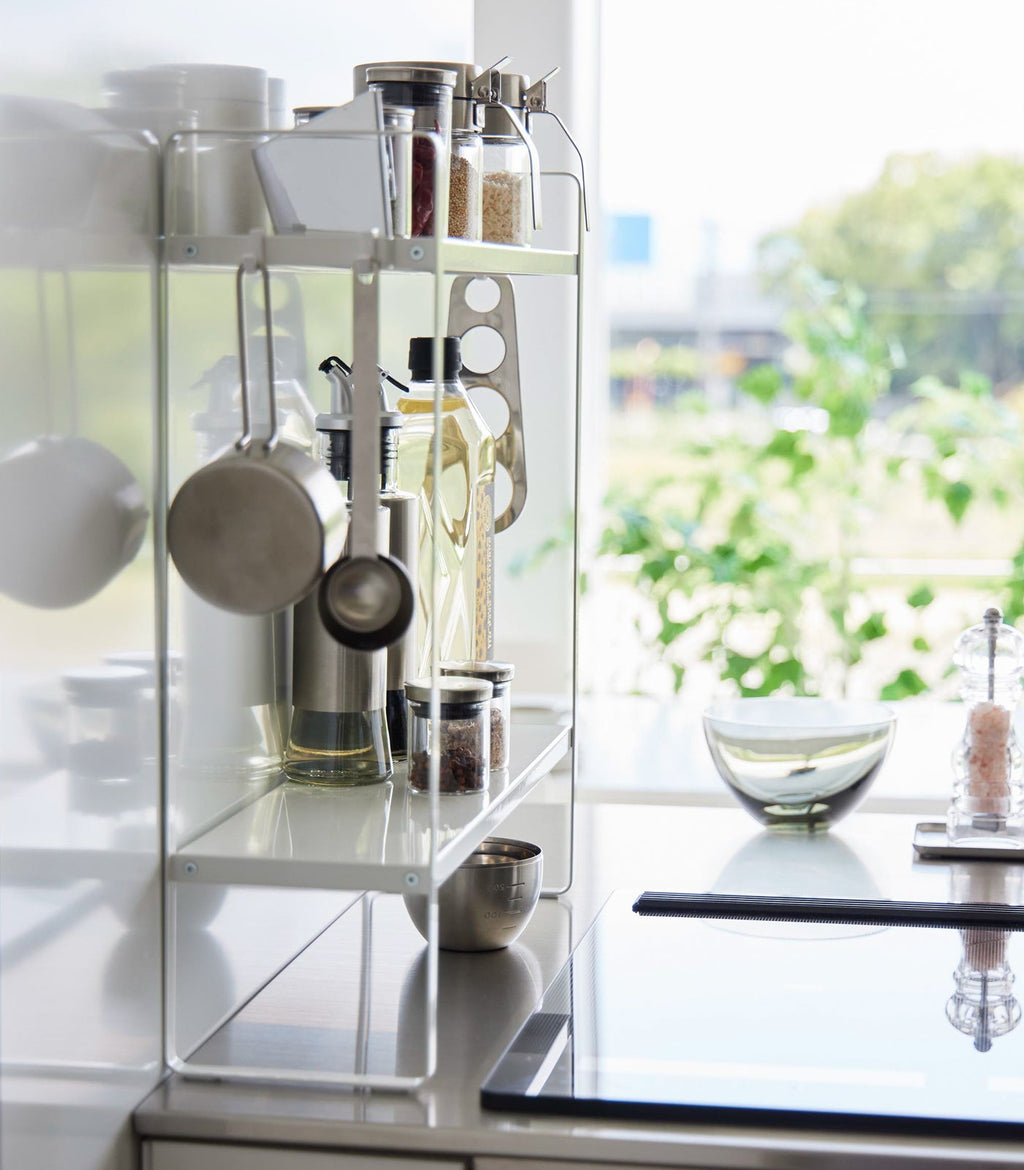 Slim Countertop Kitchen Organizer with Hooks & Shelf