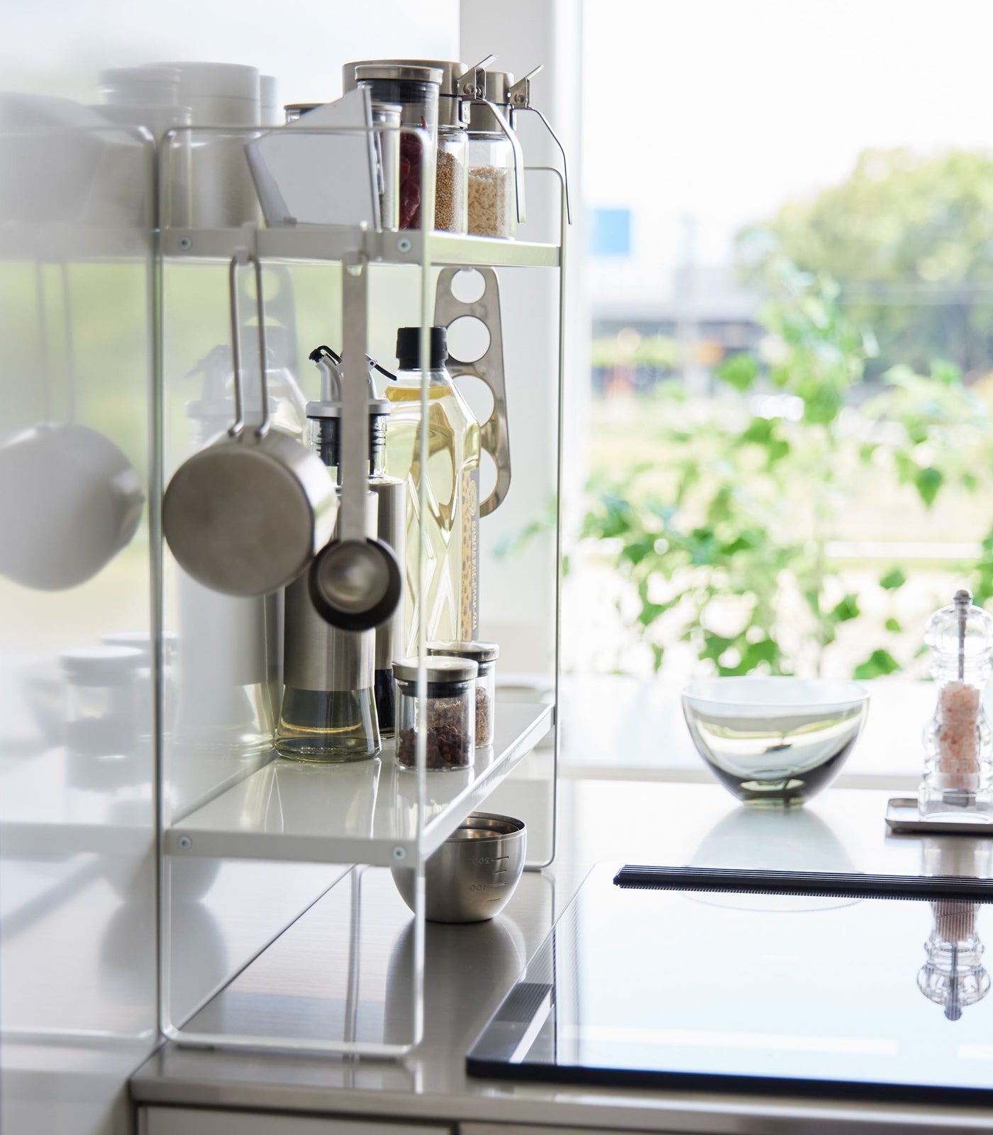 Slim Countertop Kitchen Organizer with Hooks & Shelf