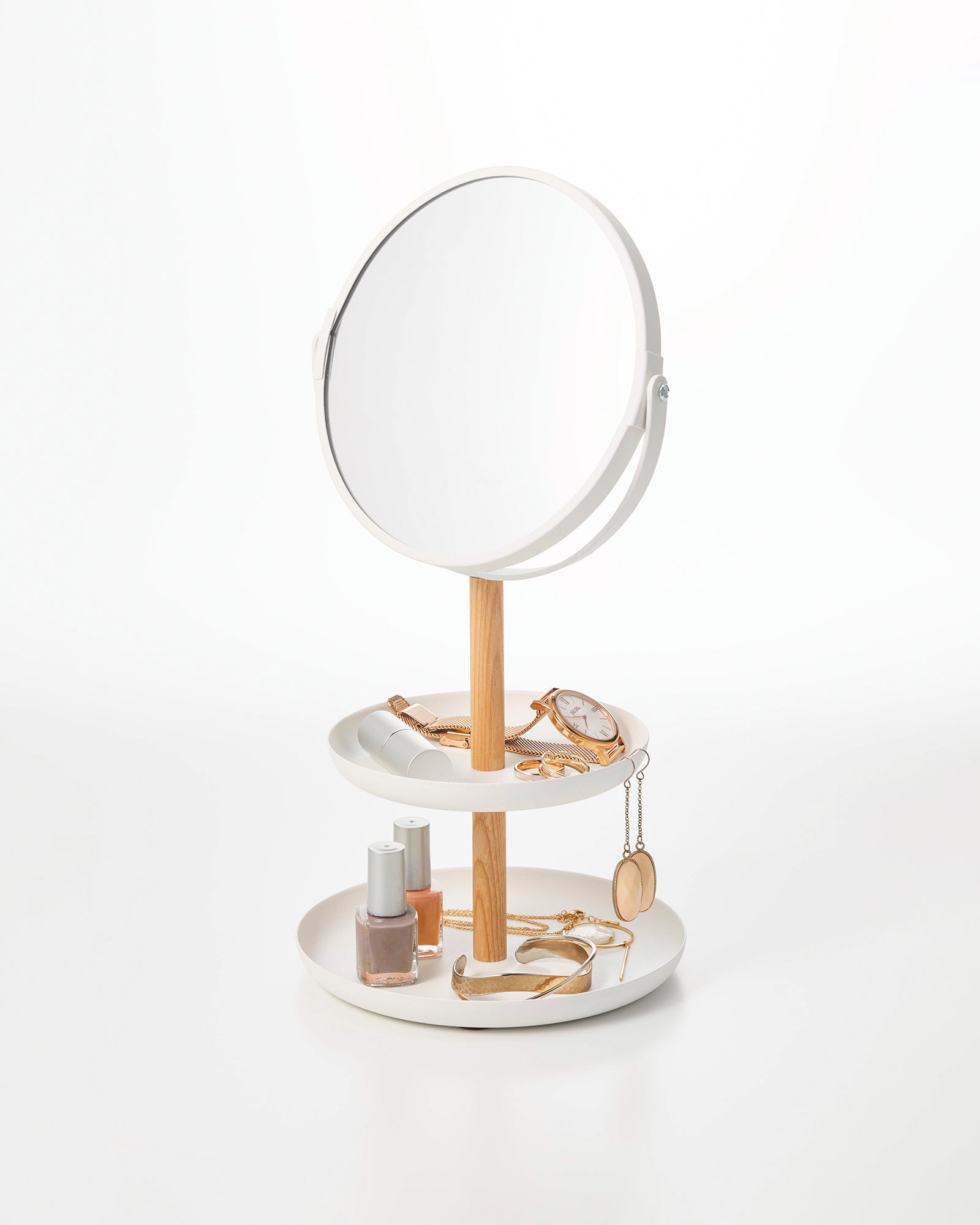 Dual-Tier Jewelry Organizer with Built-In Mirror and Metal-Wood Frame