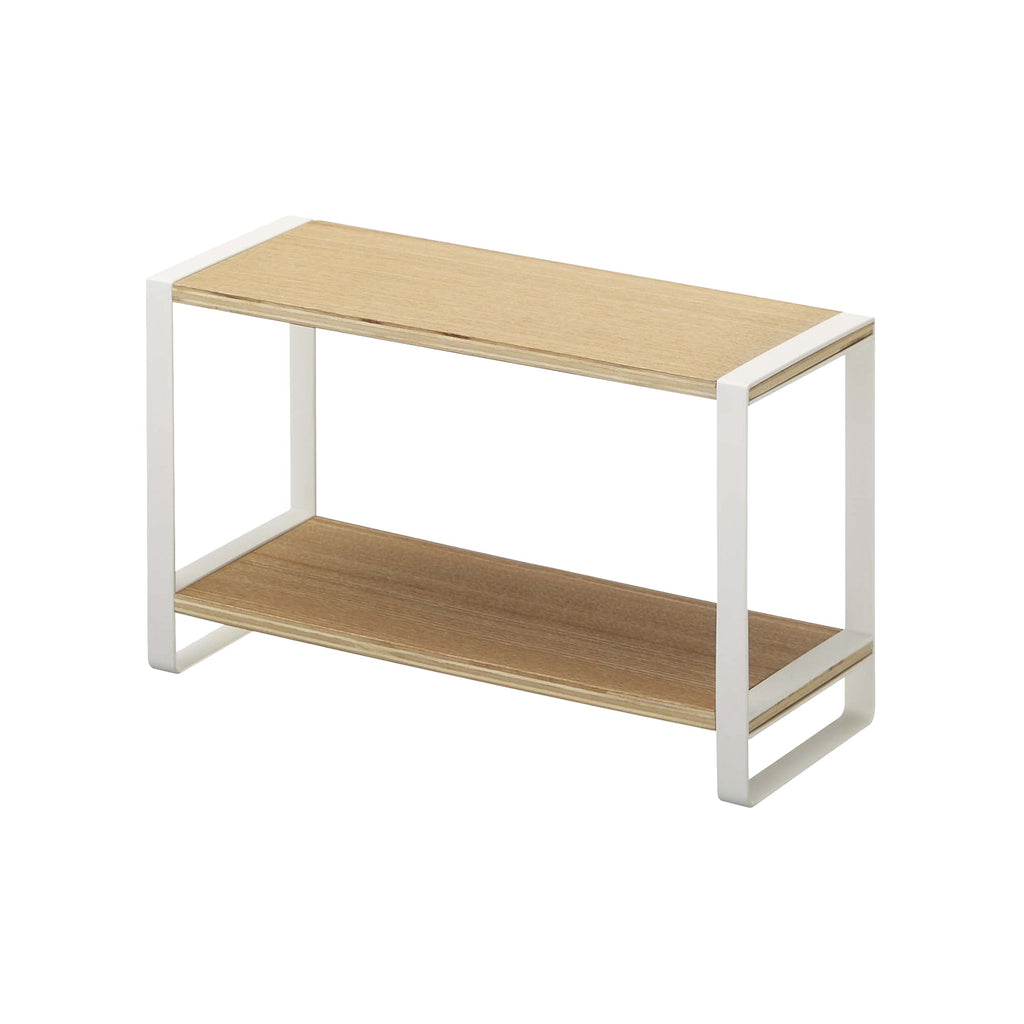 Two-Tier Countertop Storage Riser with Steel Frame and Wood Shelf