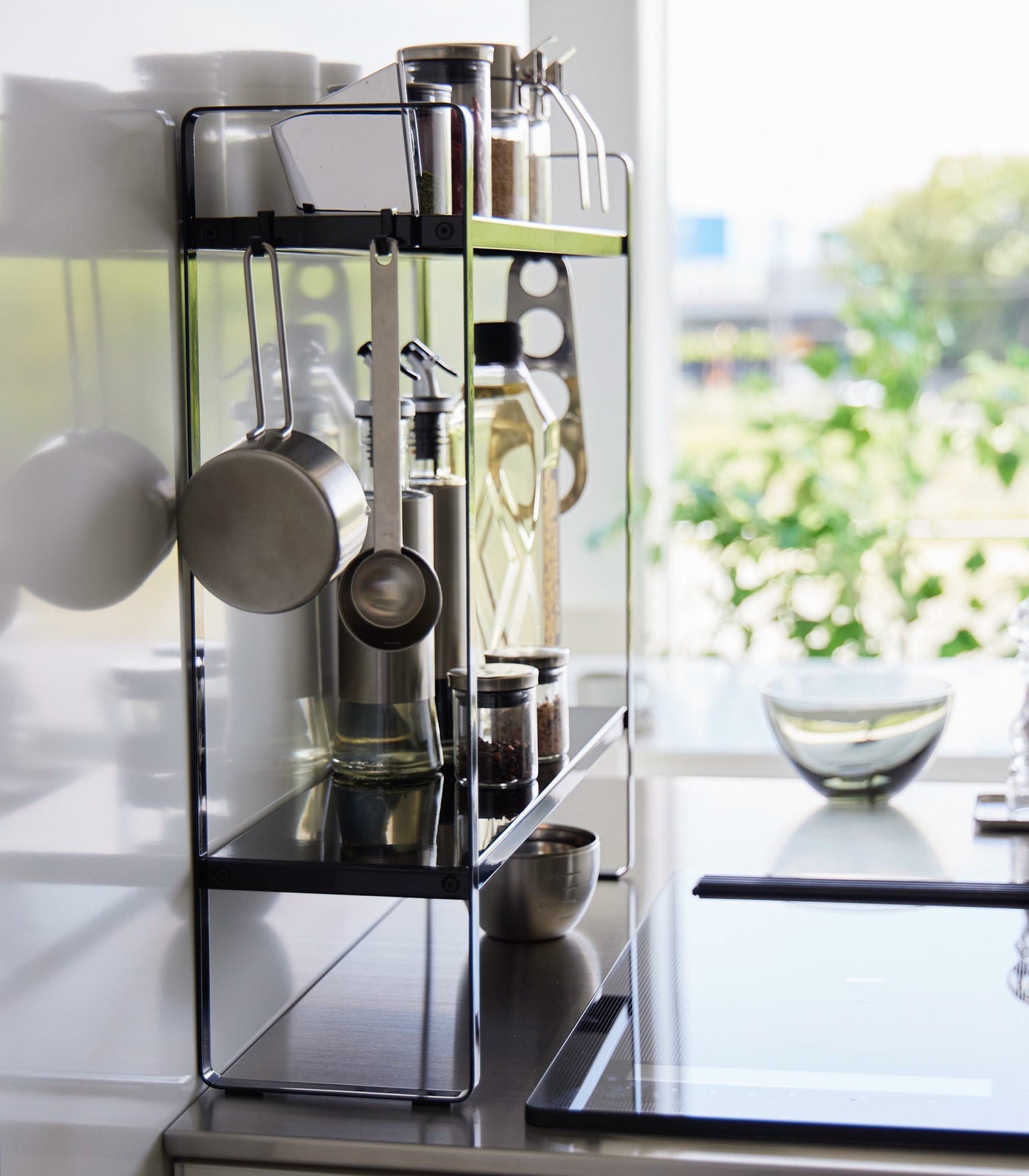 Slim Countertop Kitchen Organizer with Hooks & Shelf